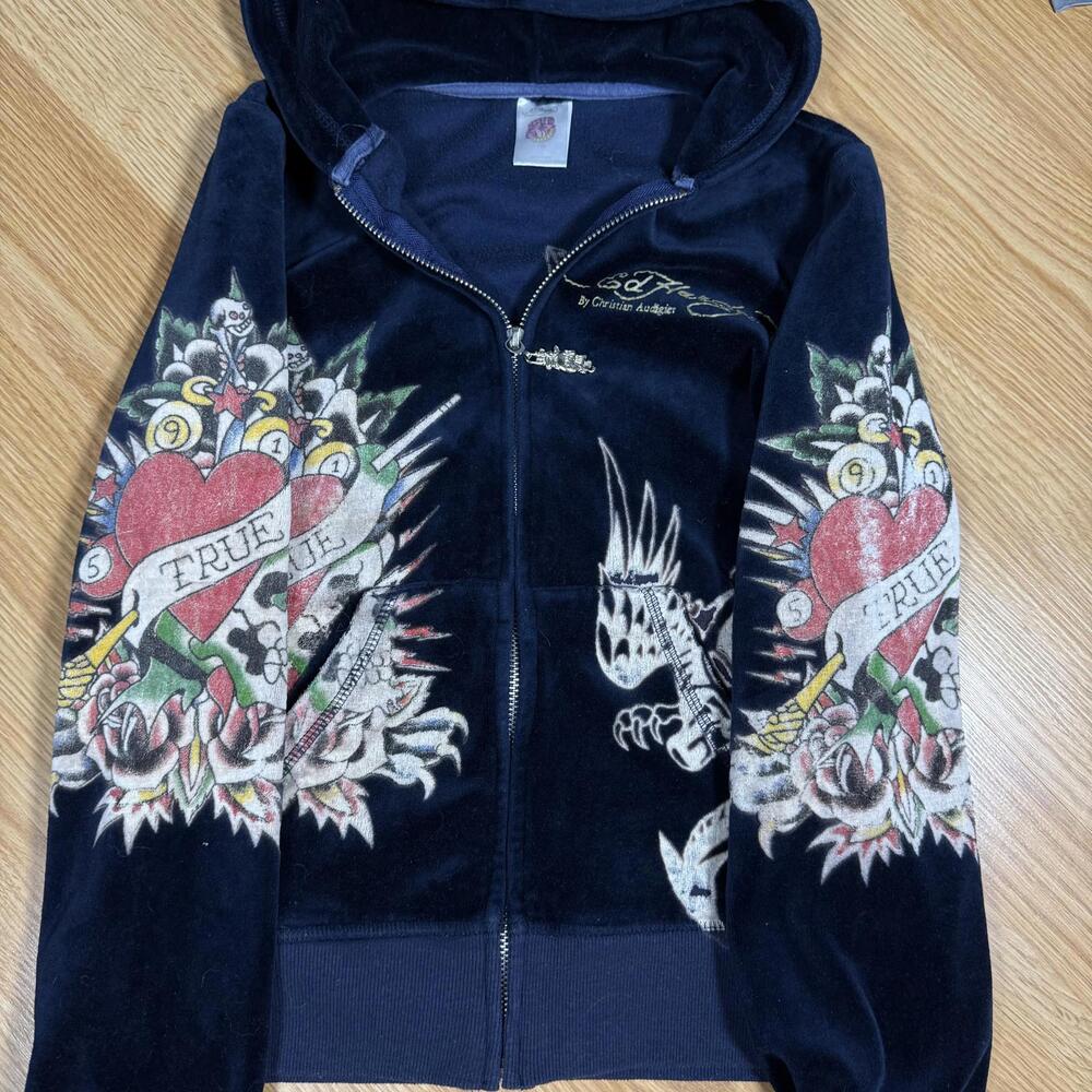 Ed Hardy Women's Black Velvour Zip-Up Hoodie with Tattoo Embroidery - Picture 7 of 9